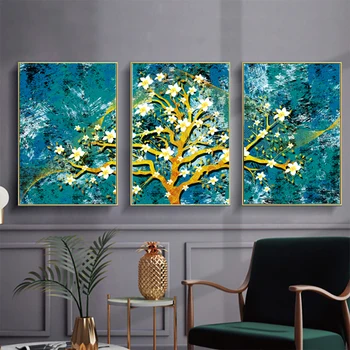 

Home Decor Print Modular Picture 3 Panel Abstract Golden Flowers Trees Landscape Poster Wall Art Canvas Painting For Living Room
