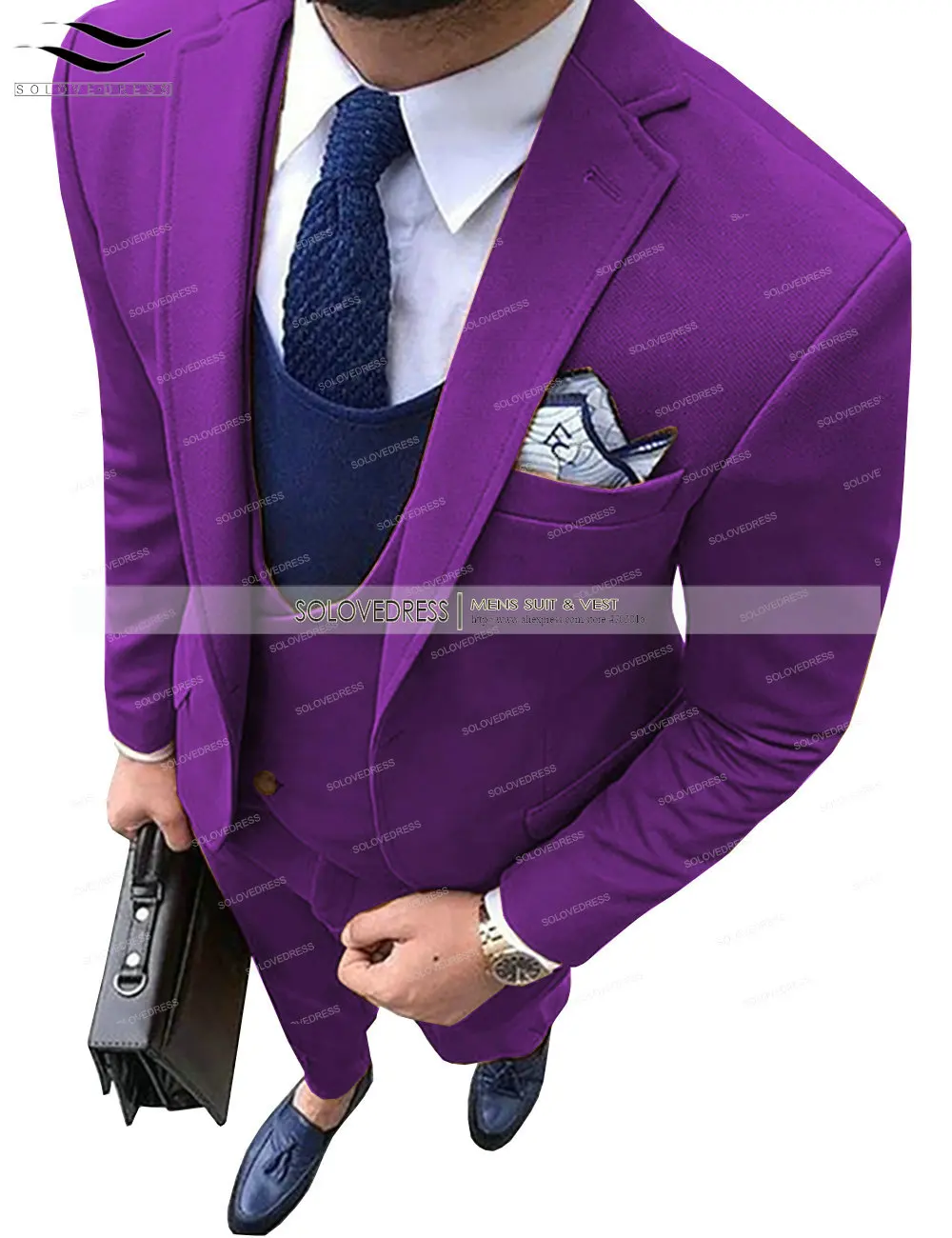 Purple Новые модные мужские твидовые шерстяные костюмы из трех предметов, приталенный деловой смокинг с шалевым отворотом(Блейзер+ жилет+ брюки - Цвет: Purple