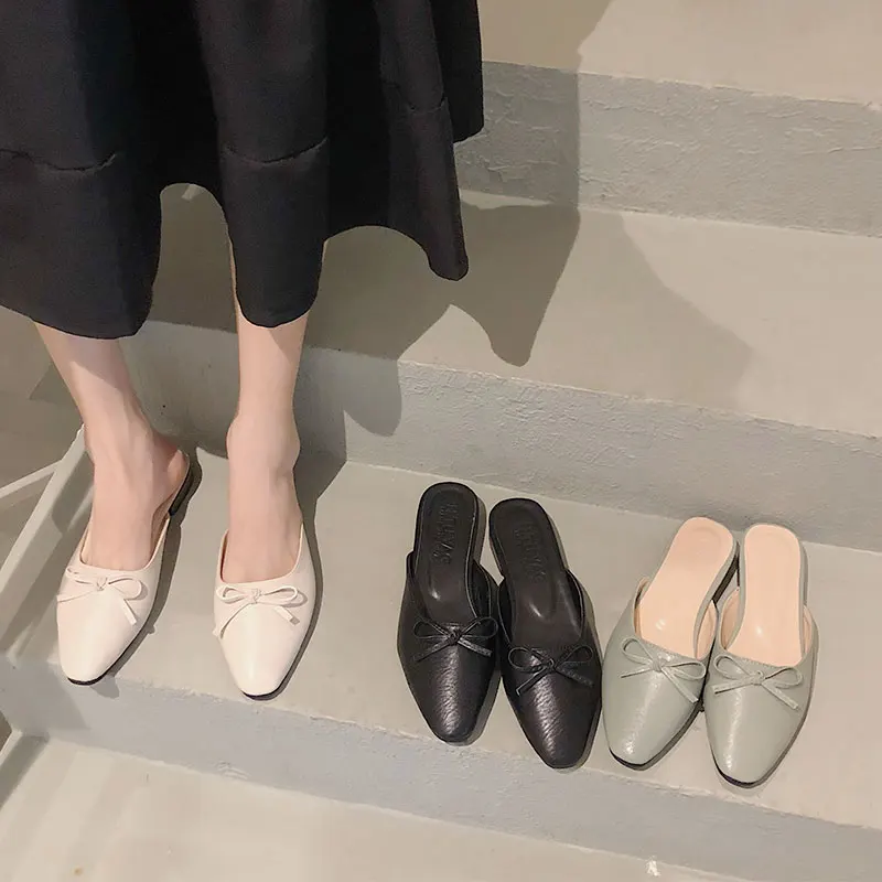 

Slippers Women Summer Shoes Woman 2019 Luxury Slides Shallow Cover Toe Heeled Mules Square heel Low Butterfly-knot