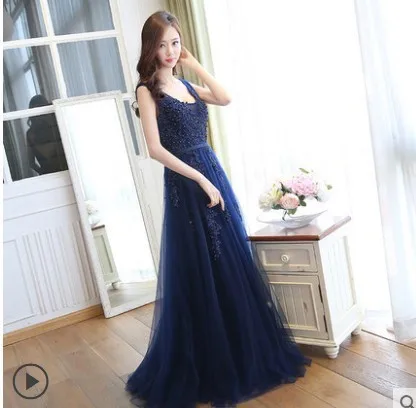 Robe De Soiree BacklakeGirls, кружевное, с бисером, сексуальное, с v-образным вырезом, Длинные вечерние платья, для невесты, для банкета, элегантные вечерние платья в пол - Цвет: navy blue sleeveless