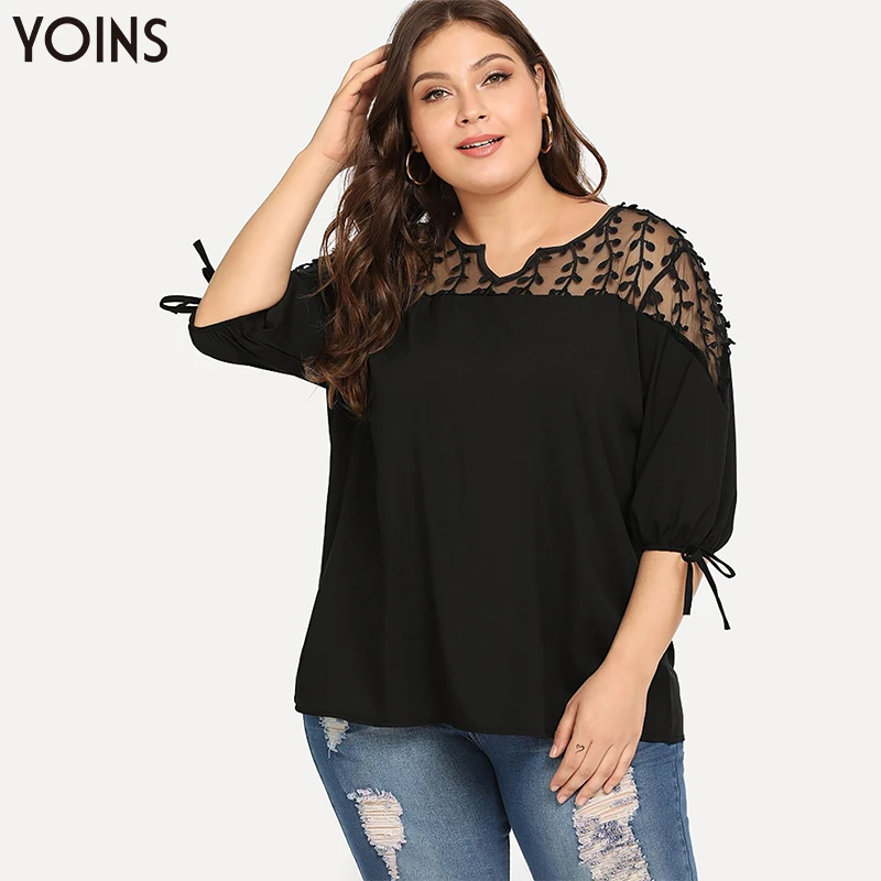 YOINS Blusa con adornos encaje de malla cuello en V Sexy para mujer, verano otoño 2020, camisa con estilo, para mujer, Top para fiesta y citas|Blusas y camisas| -