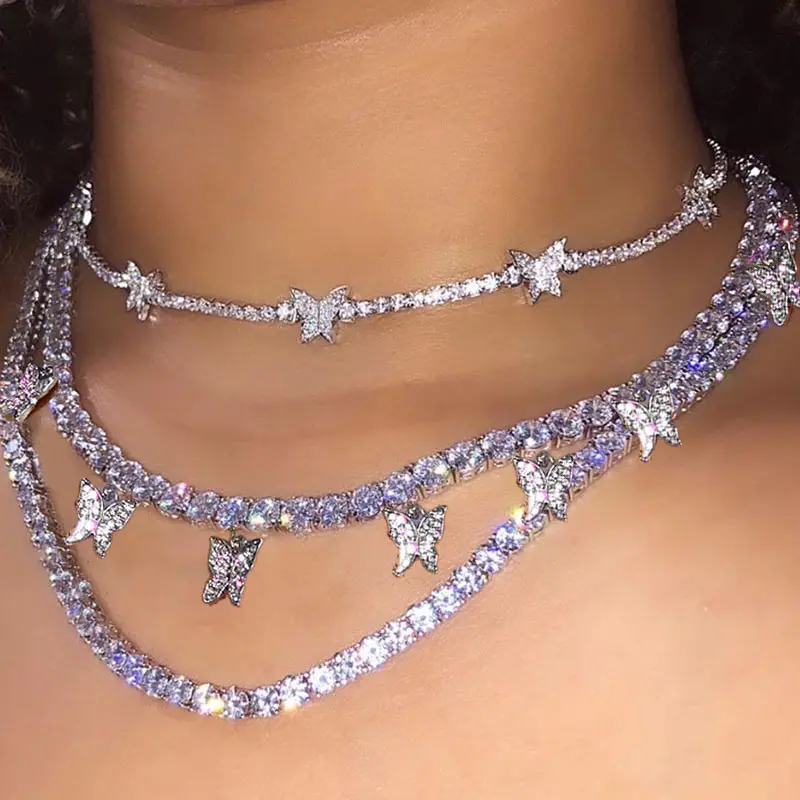 

Trendy cute Iced Out Butterfly Choker Necklaces For Women Men Gold Silver Color Tennis Chain Animals Pendant Rhinestone Jewelry