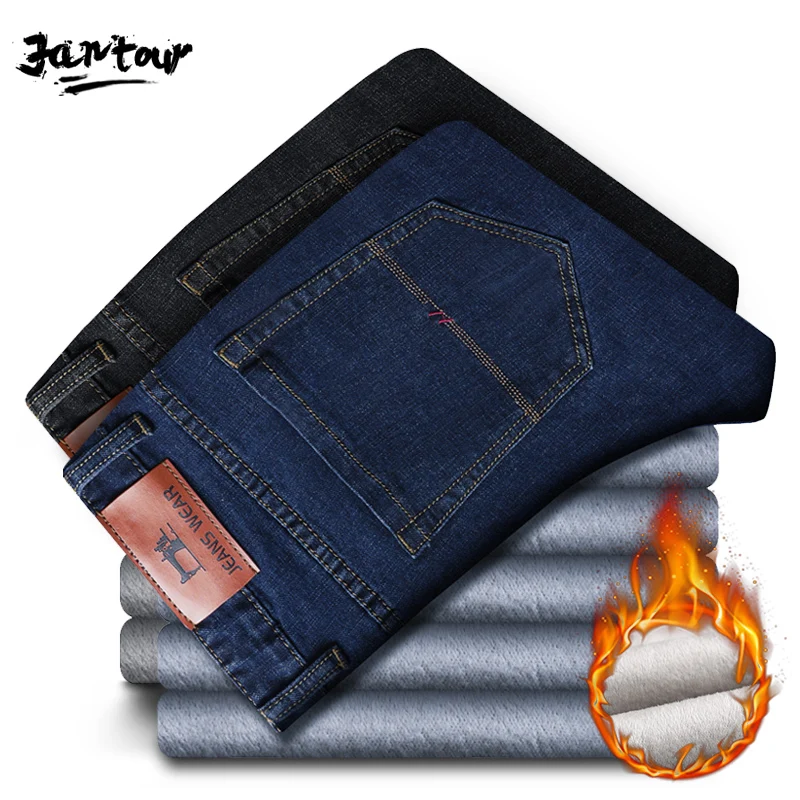 

Winter WarmThick Fleece Jeans Men High Quality Velvet Straight Business Denim trousers flocking men's pants male Big Size 28-40