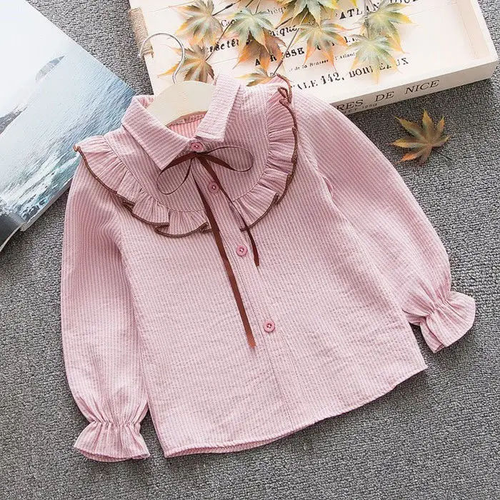Kids Shirts Spring Summer Cotton Blouse For Big Girls Striped Long Sleeve School Girl Shirt 2-8 Years
