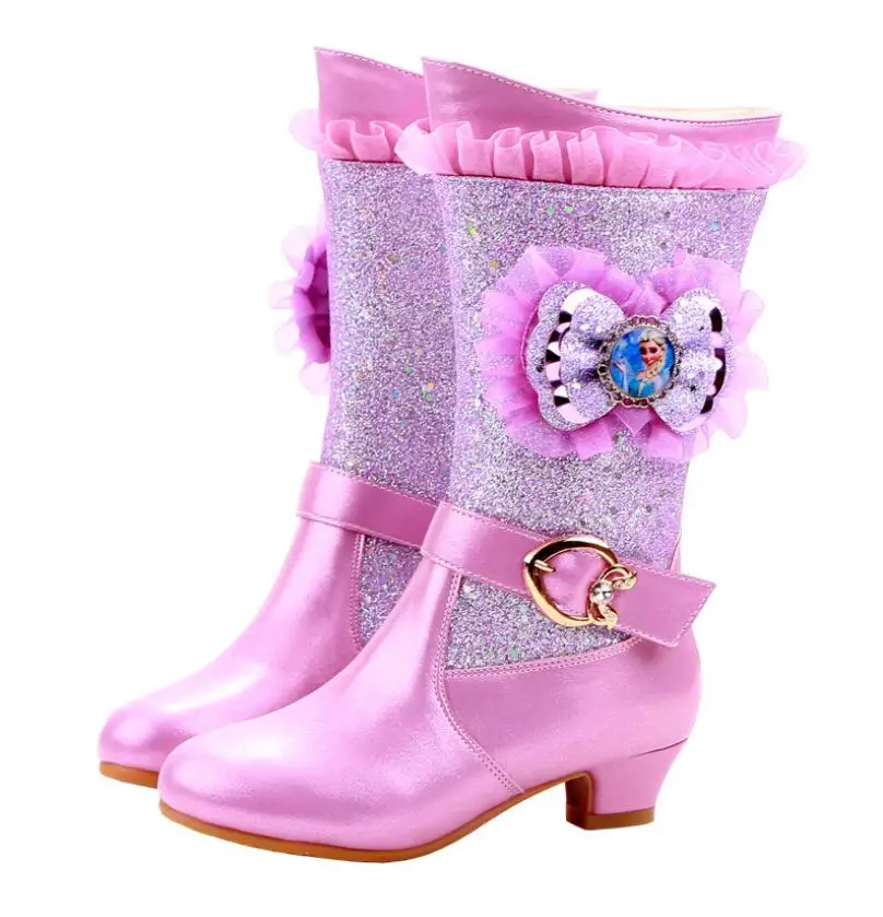New Princess Elsa Boots Girls Pink Glitter Girls Shoes High Heels Autumn Winter Girls High Boots Velvet For Party Shoes
