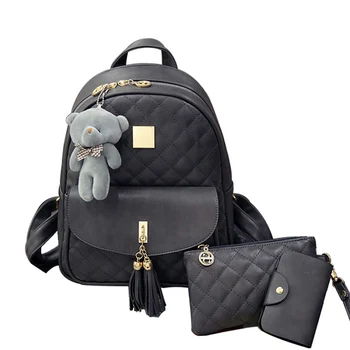 

3 Pcs Bear Backpack Women Bag Diamond Lattice School Bags For Girls Backpacks For Women 2019 New Tassel Shoulder Bags Sac A Dos