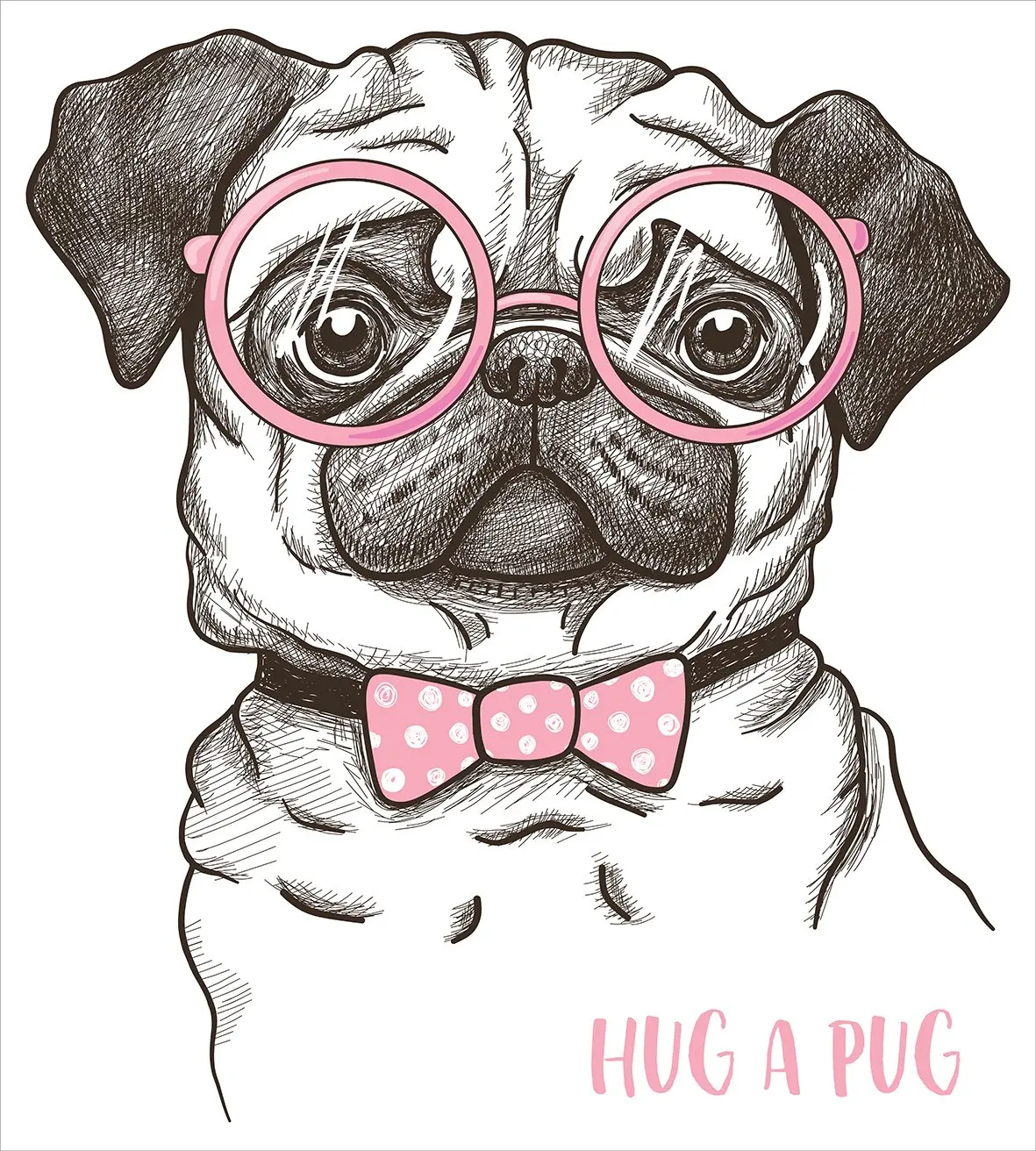 Pug Duvet Cover Set Pet Dog with Pink Bow Tie Oversized Glasses Hand Drawn Domesticated Decorative 3 Piece Bedding Set