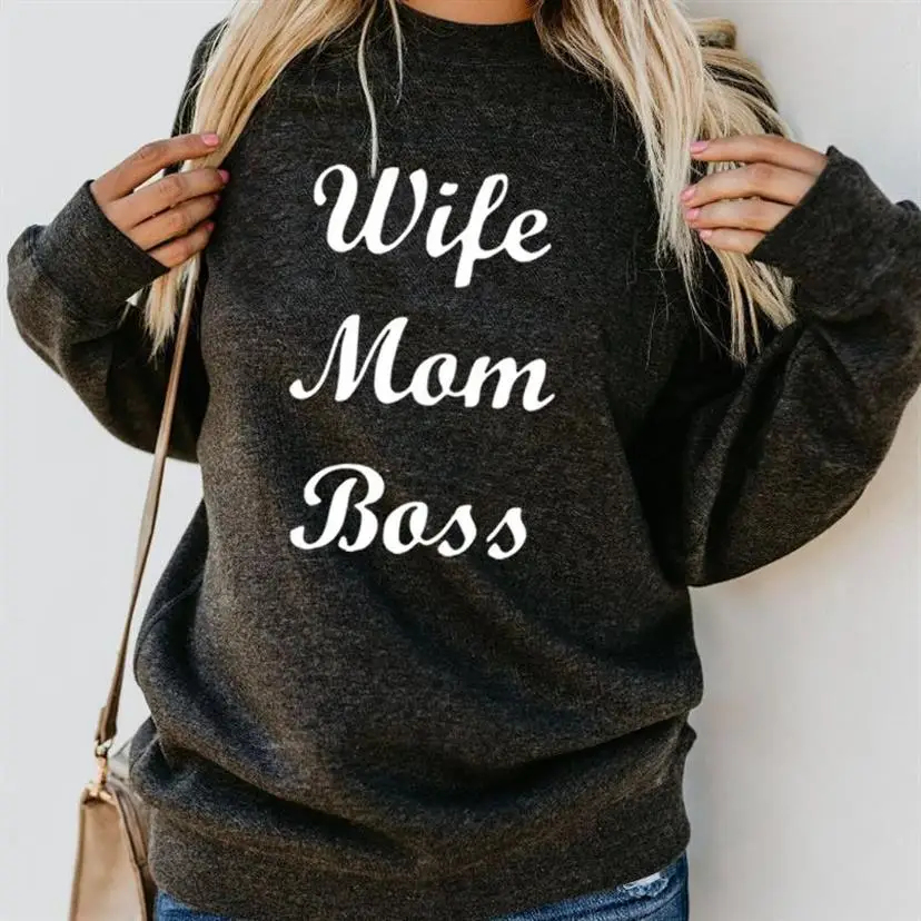 

Wife Mom Boss Letters Print Crew Neck Hoodies For Women Tops Kawaii Hoodies Sweatshirts Cotton Printing Youth Pattern Cropped