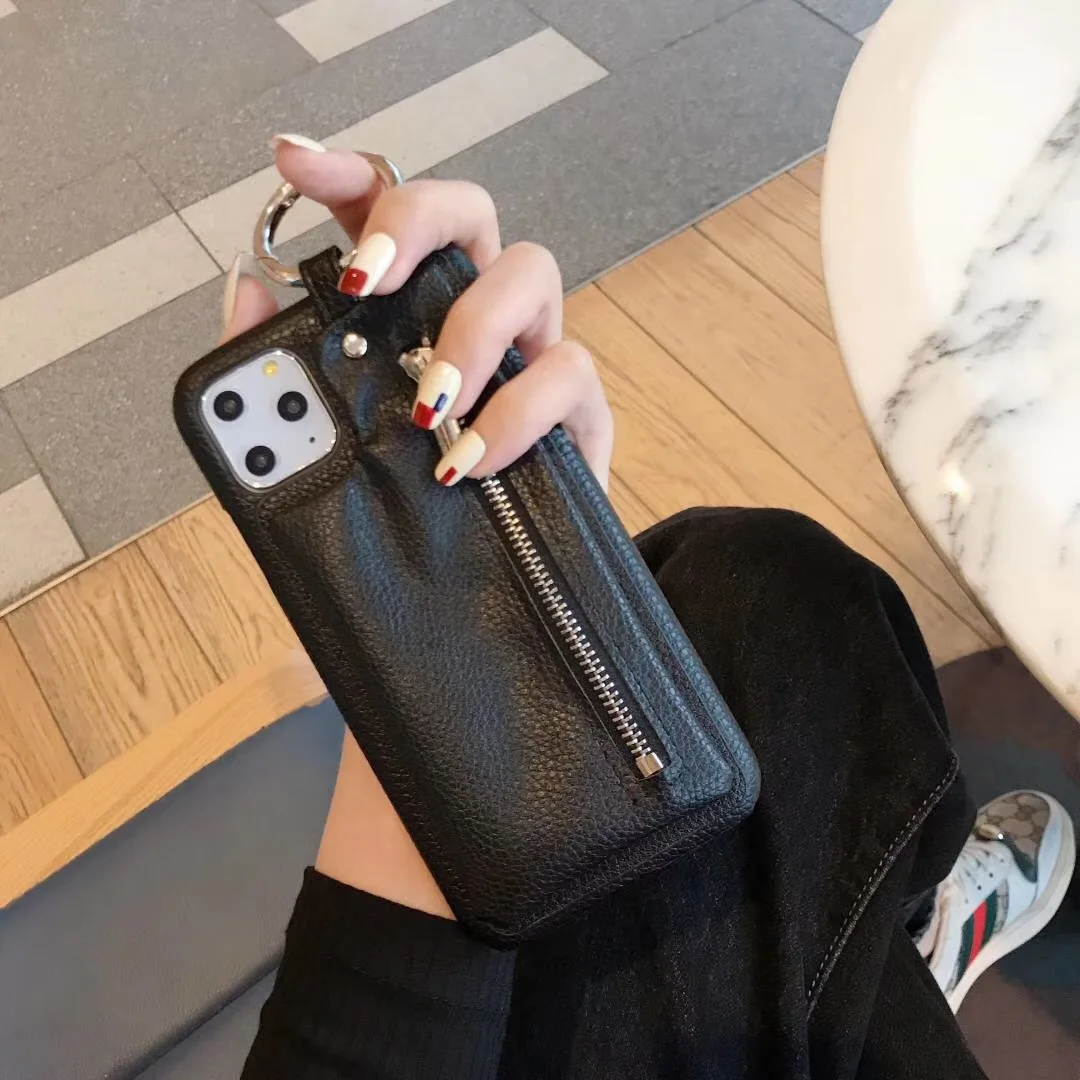 black Роскошный чехол-кошелек из искусственной кожи на молнии для Iphone 11 11pro Max Xs Max Xr для кармана с кольцом Жесткий Чехол для ПК чехол для Iphone 6s 7 8plus - Цвет: black