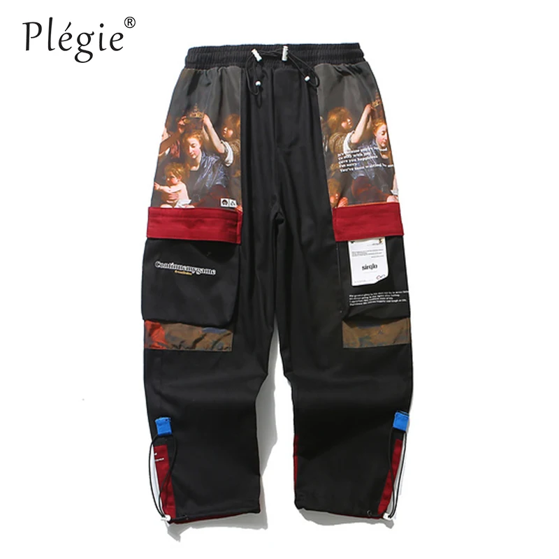 Plegie Для мужчин лоскутные брюки карго брюки уличная Harajuku джоггеры мульти карманы хип затягивающимся шнурком спортивные брюки Hipster - Цвет: black pants