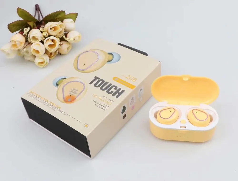 Цвет: желтый Macarone candy TWS 208 сенсорные Bluetooth 5,0 беспроводные наушники состояние батареи наушники с микрофоном для iPhone samsung huawei - Цвет: Цвет: желтый