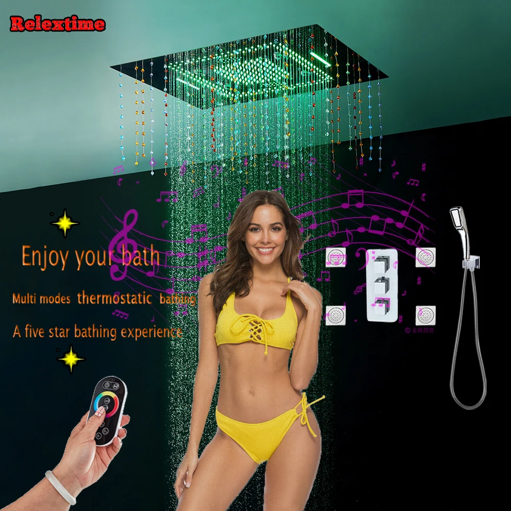 

Crystal Pendant Music Shower System LED Ceiling Shower Head Bathroom Concealed Thermostatic Inwall Shower Set Faucet Massage jet