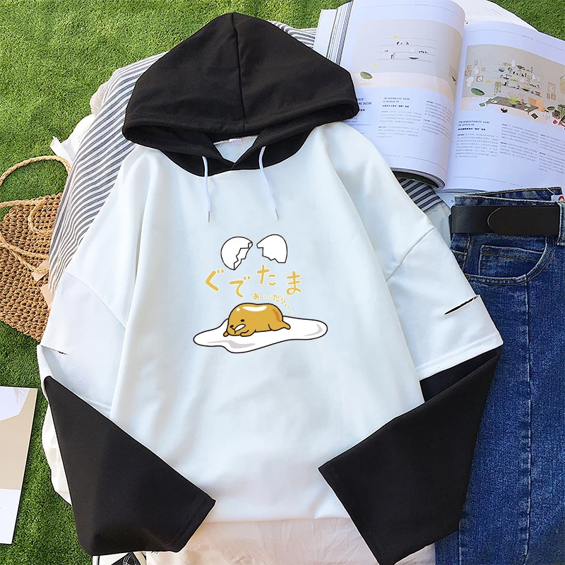 Белый Женская футболка, милая Толстовка Gudetama Lazy Egg Yolk Kawaii в японском стиле, одноцветная популярная Футболка Harajuku с капюшоном, женские топы - Цвет: Белый