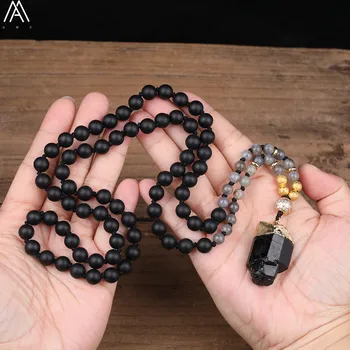 

Natural Black Tourmaline Chunky Stone 6mm Black Lava Labradorite Stone Beads Knot Handmade Necklace Long 32 Inch Women Jewelry