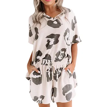 

V Neck Loose Women Pajamas Set Summer Sleepwear Home Pullover Lounge Soft Sweet Drawstring Shirt Shorts Nightdress Short Sleeve