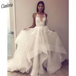 Элегантное платье на тонких бретельках без рукавов, длинное свадебное платье в стиле кантри с открытой спиной и аппликациями, кружевное
