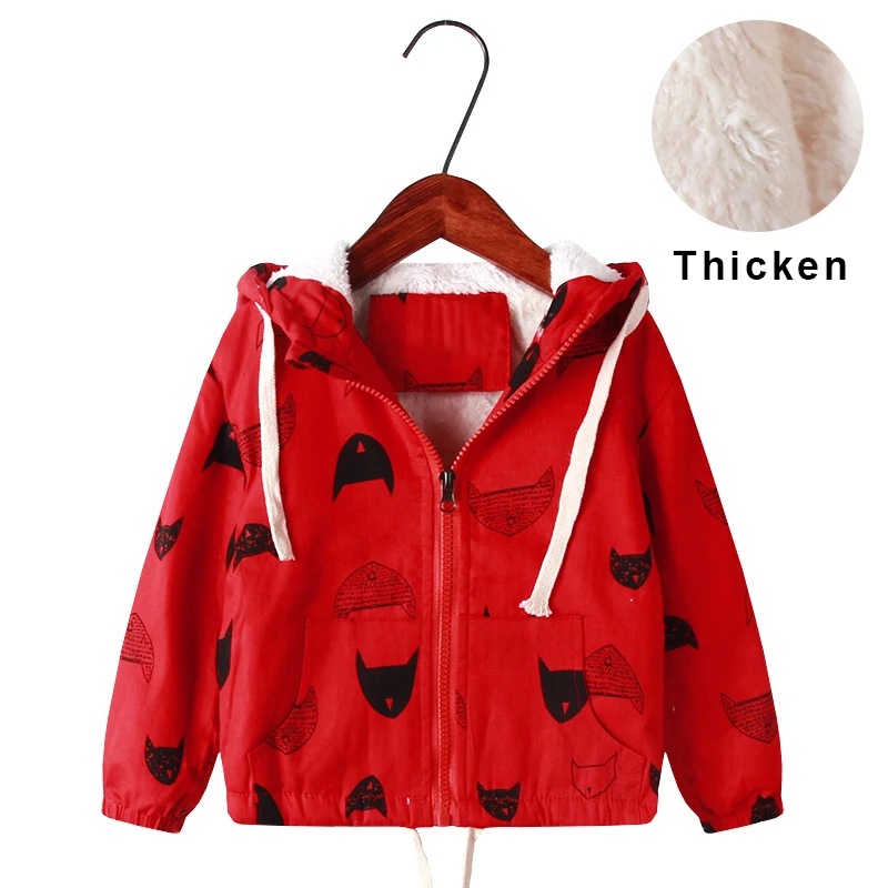 Новая весенне-Осенняя детская верхняя одежда и пальто хлопковые утепленные куртки с принтом кота для мальчиков и девочек От 2 до 8 лет одежда с капюшоном для маленьких детей унисекс - Цвет: red thicken
