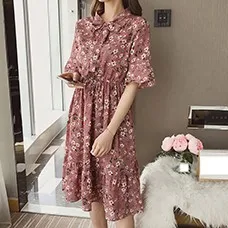 Korean-Casual-Print-Women-Dress-Bohemian-Ladies-Flare-Half-Sleeves-Knee-length-Bow-O-neck-Dresses