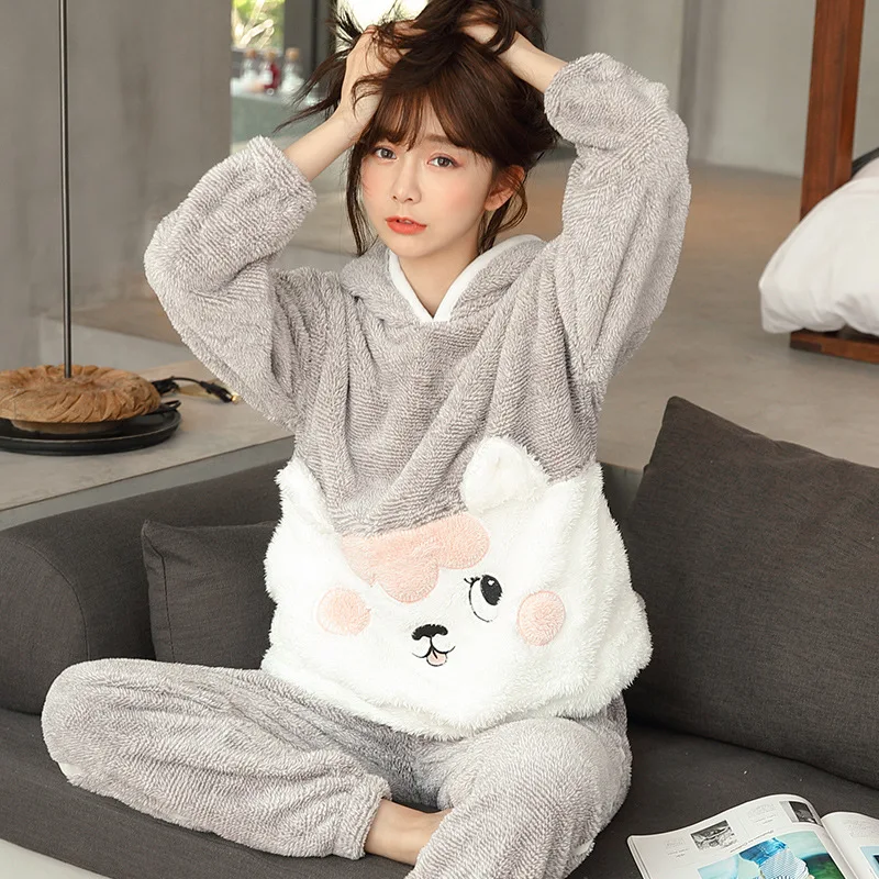 Coral Velvet Cartoon Hooded Ladies Long-sleeved Pajamas Two-piece Thick Flannel Girl Style Home Clothes Comfortable Warm - Цвет: E