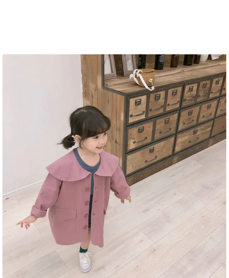 Осенний Тренч для девочек детский однотонный плащ с длинными рукавами в Корейском стиле для девочек, длинное Детское пальто