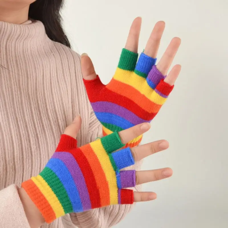 Взрослые дети радужные полосы короткие перчатки без пальцев до запястья Вечерние перчатки