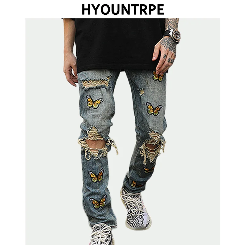 High street Butterfly Embroidery Knee Ripped Hole Jeans Mens casual Hip Hop  Distressed Jeans Slim Fit Skinny Denim Pants Joggers|Jeans| - AliExpress