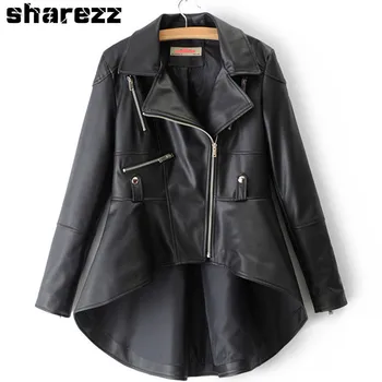 

Sharezz 2020 Spring Autumn Woman Solid Color Long Sleeve Turn-down Collar Zippers Irregular Hem Slim Fit PU Coat Leather Jacket