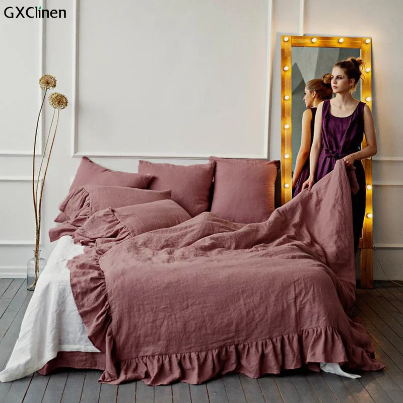 Luxury Retro 100 Linen Bedding Set 3pcs Cake Layers Ruffle Duvet Cover