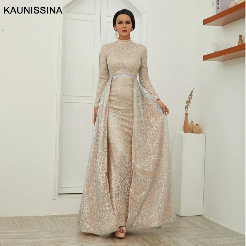 

KAUNISSINA Sequined Design Evening Dresses Autumn Winter High Neck Evening Formal Gown Dubai Luxury Muslim Party Dress