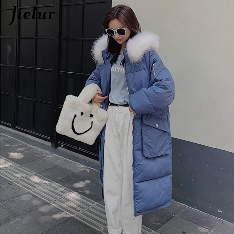

Jielur 2019 Winter Long Women's Down Jacket Cotton Pad Korean Coat Female Warm Fashion Fur Collar Hooded Pocket Black Overcoat