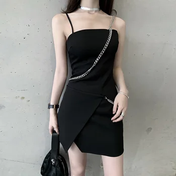 

Women Dress Black Irregular Metal Chain Shoulder Strap Buckle Trimming Slim Fitted Split Sling Dress
