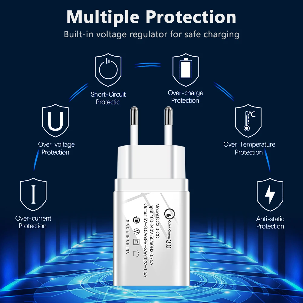 Fast Quick Charge 3.0 Single Usb Charger EU/US 5V/3.5A 9V/2A 12V/1.5A With Type C Charge Cable For Apple Iphone Huawei Samsung