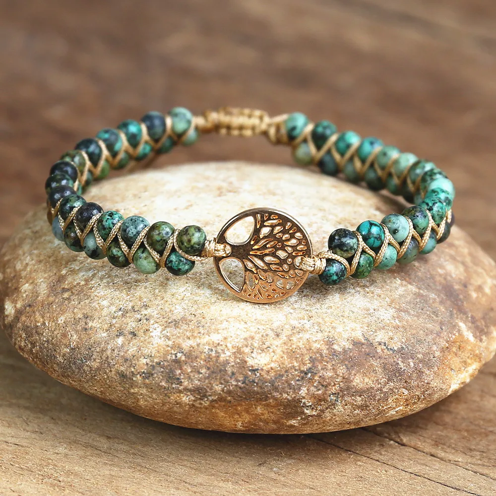4mm Beads Handmade Bracelet Tree of Life Charm Bracelets African Japser String Braided Bracelets Yoga Friendship Lover