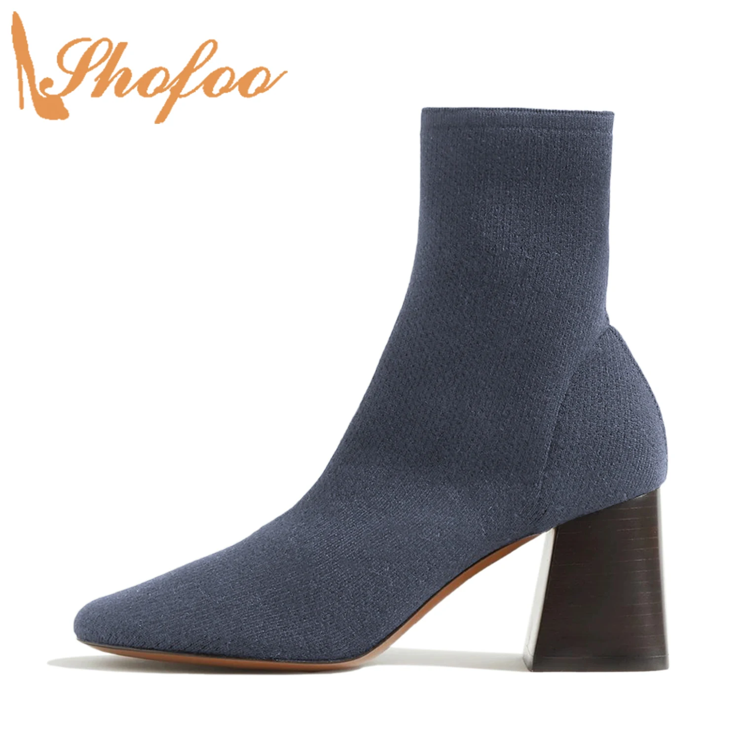 

Women Winter Ankle Boots New 2021 High Square Heels Booties Daily Ladies Round Toe Concise Slip On Shoes Large Size 42 43 Shofoo