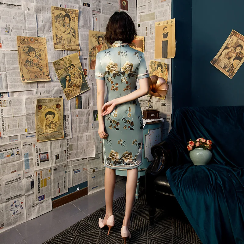 SHENG COCO женское шелковое ретро короткое Ципао cheongsam платье Классический китайский стиль Chipao синий зеленый сухоцветы cheongsam платье