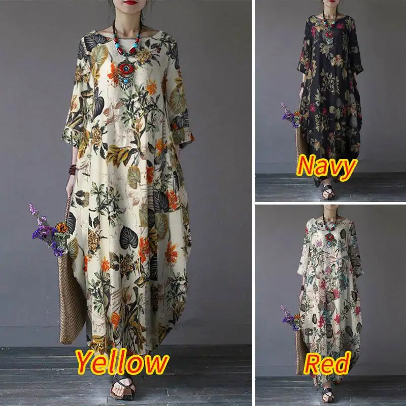 ZANZEA Vintage Printed Maxi Long Dress Women Sundress Casual Long Sleeve Kaftan Dresses Female Baggy Floral Vestidos Plus Size 7