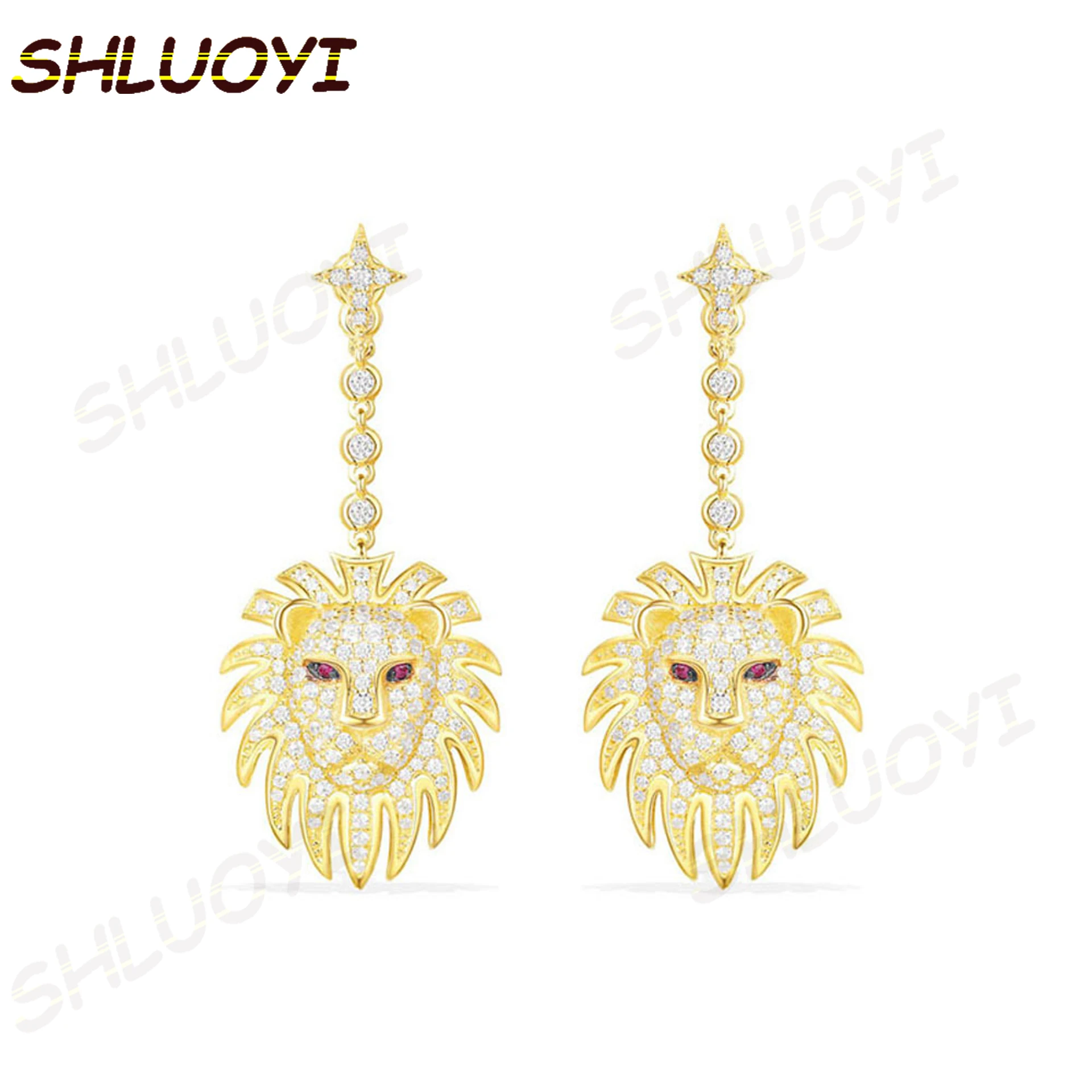 

SHLUOYI Fashion Charm Original 1:1 Copy,Lion Statement Earrings With Synthetic Red StoneLuxury Jewelry Gift For Female