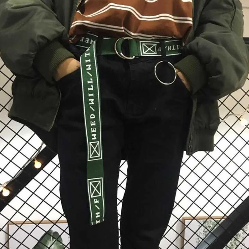 

Punk Casual Canvas Belt Harajuku Letter Pattern Printed D Ring Buckle Waist Strap White Black Student Women Men Jeans Belts