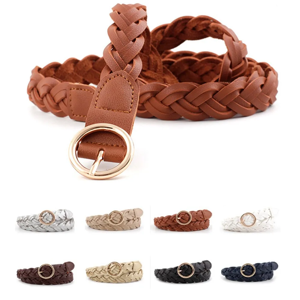 

Women Braided Round Gold Buckle Belt Faux Leather Woven Jeans Dress Waistband