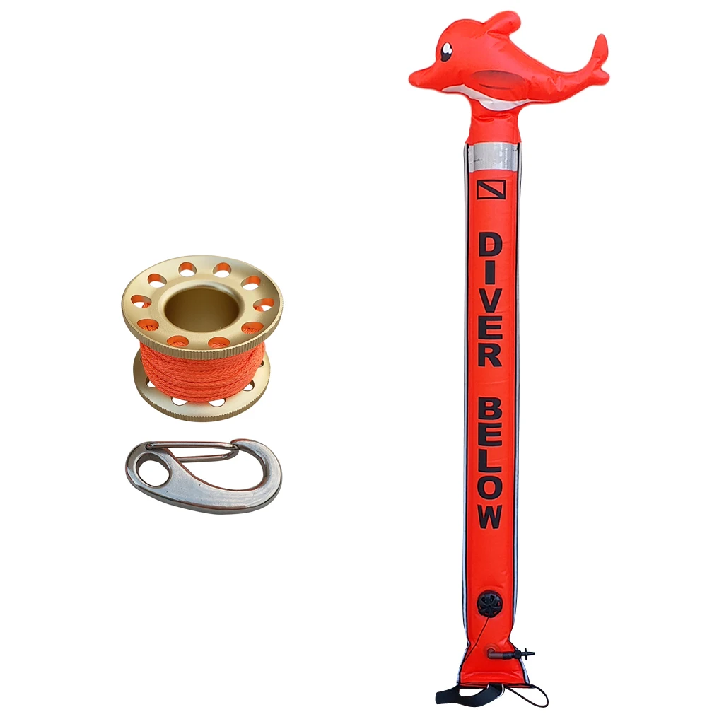 

Compact Diving Finger Spool Guide Line Snorkeling Dive Reel with SMB Surface Marker Buoy Orange Dolphin Shape