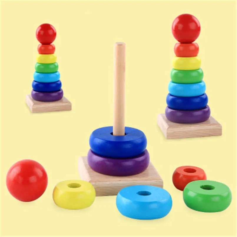Rainbow Stacker Wooden Ring Educational Toy Kids Tower Stack Up Blocks Color Shape Game Baby Montessori Toys for Children Gifts