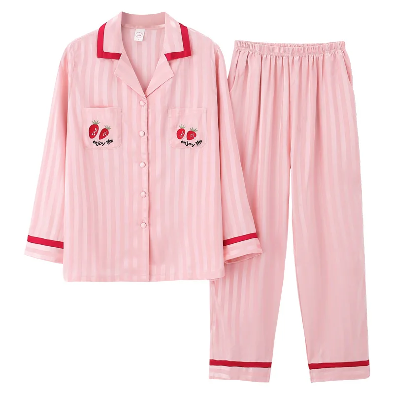 

Spring and Autumn Long-Sleeved Pajamas Women's Summer Viscose Fiber Sexy Silk Sweet Cute Two Piece Suit Pajama Set Women