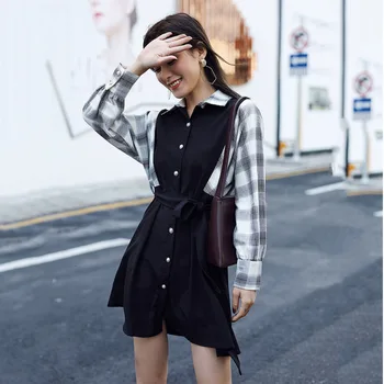 

LANMREM 2020 Fake Two-piece Dress New Spring Women Korean Version Of Temperament Lace Plaid Stitching Long Shirt Dress 19B-a377