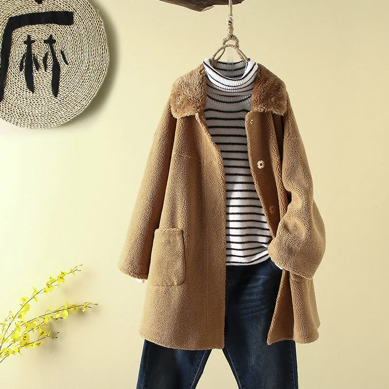 

Winter New Style Lambs Wool Large Pocket Mid-length Overcoat Loose-Fit Sheep Shearing Fur Coat Women's