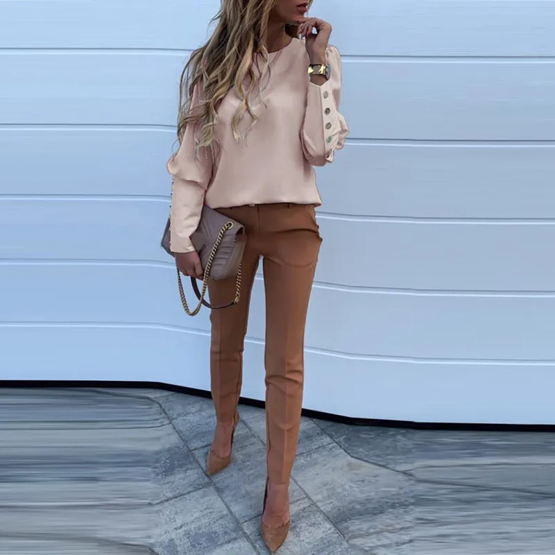 Women Elegant Puff shoulder Blouse Shirts Office Lady Autumn Metal Buttoned Detail Blouses Women Pineapple Print long Sleeve Top cute blouses