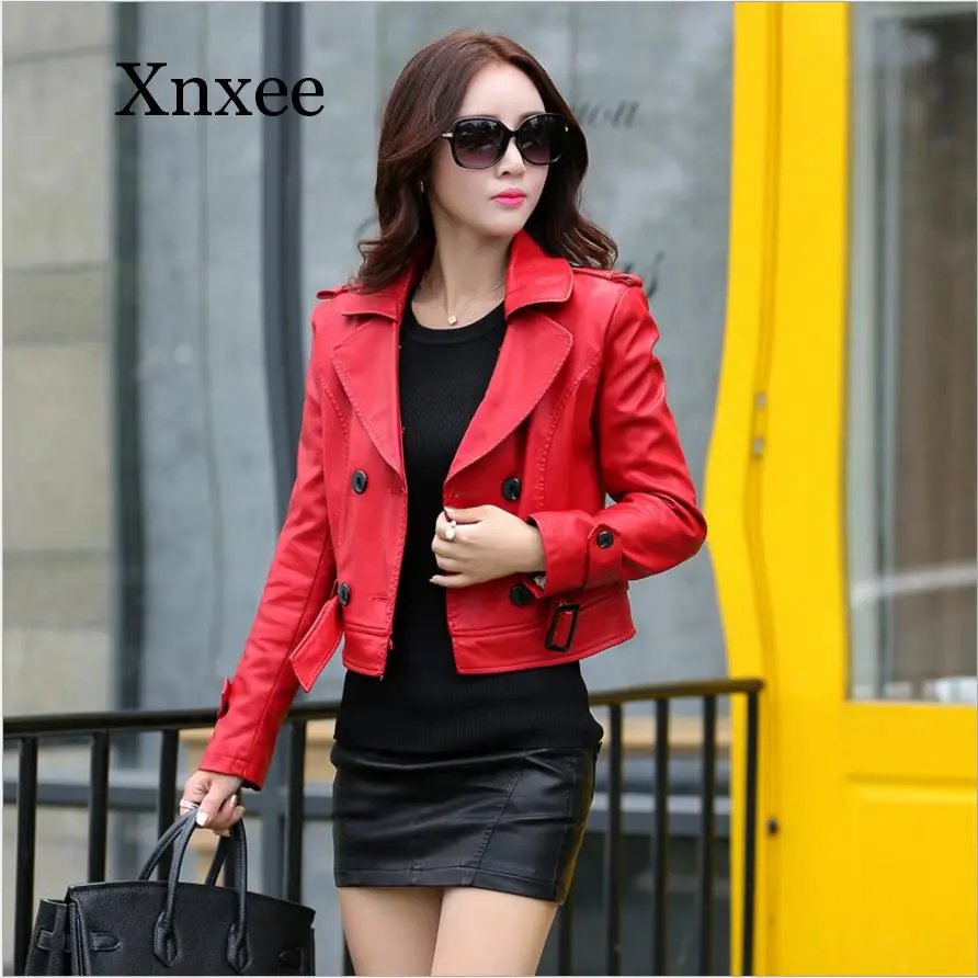 Elegant Vintage Red Women Long Leather Jacket Slim Plus Size Bow Belt Motorcycle PU Leather Long Jacket Coat Leather Trench