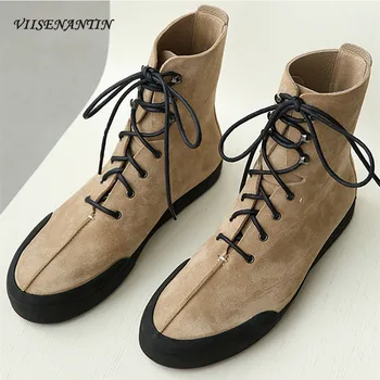 

Star Same Autumn Winter Flat Ankle Western Boots Women's Genuine Leather Casual Soft-soled Lace Up Wild Handsome Chunky Shoes
