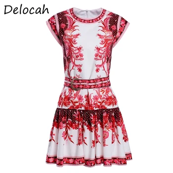 

Delocah Summer Women Fashion Designer Short Dress Short Sleeve Sashes Floral Print Elegant Slim Female A-Line Dresses vestidos
