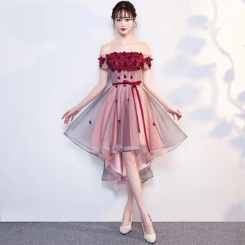 

Women Oversize 3XL Off Shoulder Evening Party Dress Cheongsam Elegant Mesh Qipao Burgundy Bowknot Appliques Robe De Soiree