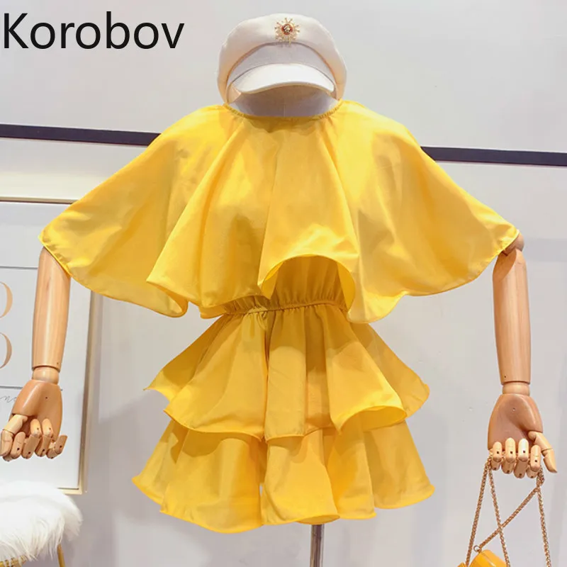 Korobov корейская мода оборки o образным вырезом Женская блузка Милая однотонная